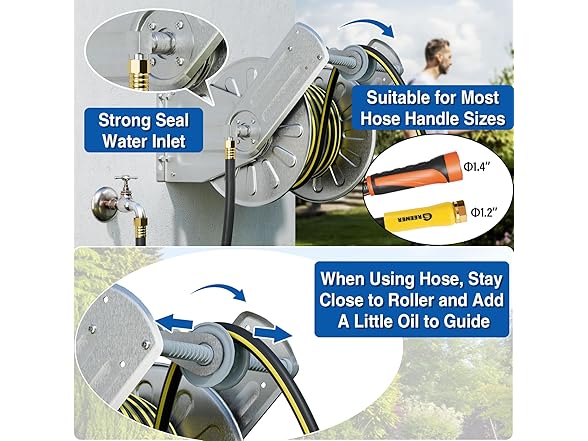 GREENER LK-SS02-M Stainless Steel Hose Reel For Outside, Wall Mount , 3/4" Solid Connector with 5/8" Inlet Hose and Crank,80-Feet 1/2" Capacity