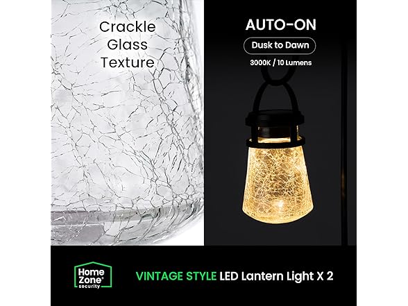 Home Zone Security Solar 3000K Crackle Glass Lantern Pathway Lights, 2-Pack