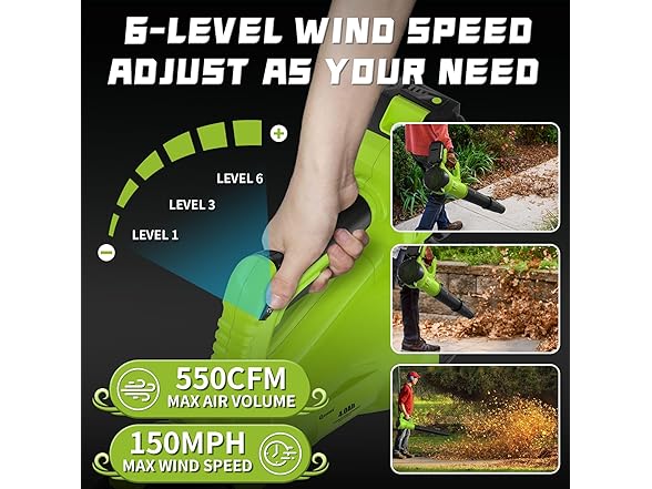 GREENER 21V Leaf Blower Cordless - 550CFM/150MPH 6 Speed Modes Electric Leaf Blower with 2 X 2.0Ah Battery and Fast Charger Included