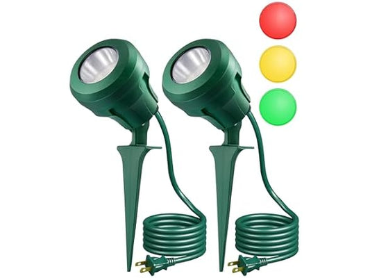 EDISHINE LED Outdoor Spotlights, 120V 4.8W Plug in Spot Light with 3 Lenses (Red Green Yellow), 180° Rotatable, 5000K, Waterproof Landscape Lighting for Flag Tree Garden, 2 Pack