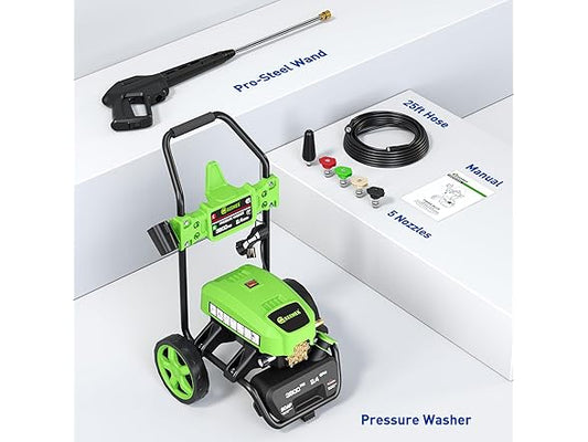 GREENER PW06-2 Electric Pressure Washer, 3800 Max PSI and 2.4 Max GPM, Onboard Soap Tank, Spray Gun and Wand, 5 Nozzle Set
