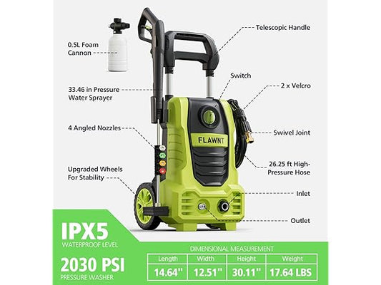 FLAWNT Electric Pressure Washer, 26 FT Hose Pressure Cleaner 2030 PSI with 4 Nozzles Tips, Surface Cleaning with Upgraded Swivel Joint