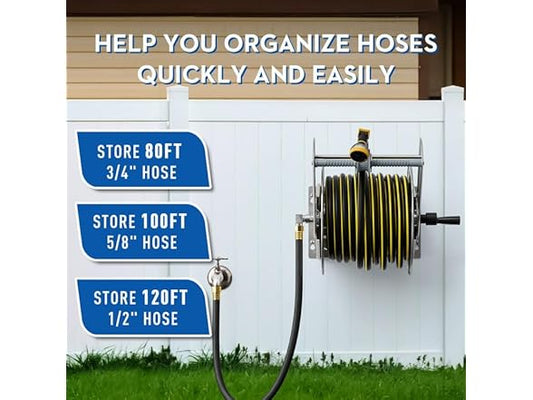 GREENER LK-SS03-L Stainless Steel Hose Reel For Outside, Wall Mount, 3/4" Solid Connector with 5/8" Inlet Hose and Crank,80-Feet 1/2" Capacity