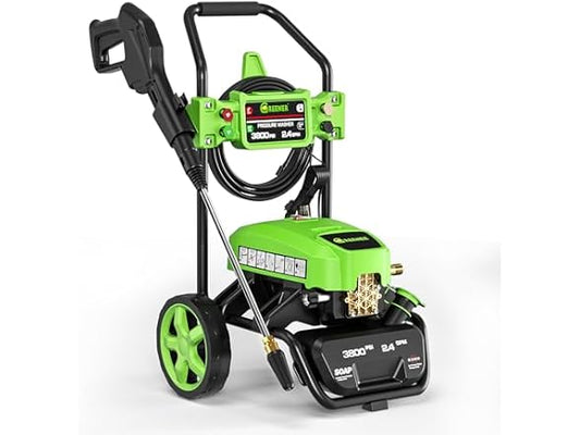 GREENER PW06-2 Electric Pressure Washer, 3800 Max PSI and 2.4 Max GPM, Onboard Soap Tank, Spray Gun and Wand, 5 Nozzle Set