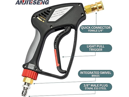 Short Pressure Washer Gun with 360 Swivel - 5000 PSI / 10.5 GPM High Pressure Water Handle with 3/8" Male Plug and 1/4” Quick Connector Coupler