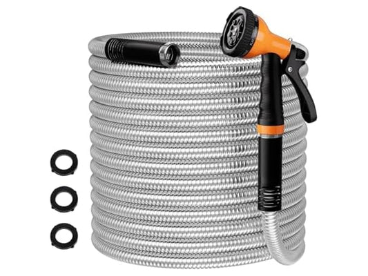 Garden Hose - Flexible Metal Hose with 10 Function Nozzle, Kink Free, Lightweight, Durable, Crush Resistant Fitting, Easy to Coil, Puncture Proof Hose for Yard, Rv, 600 PSI - 2025 Model