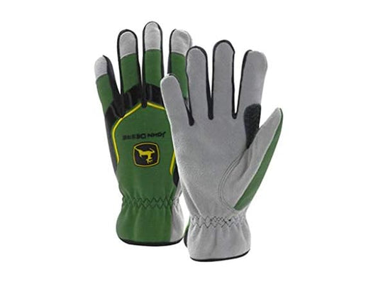 John Deere Men's Split Cowhide Leather Palm Gloves, Cut Resistant, Keystone Thumb, Flexible Fit, Green/Black Choose Size