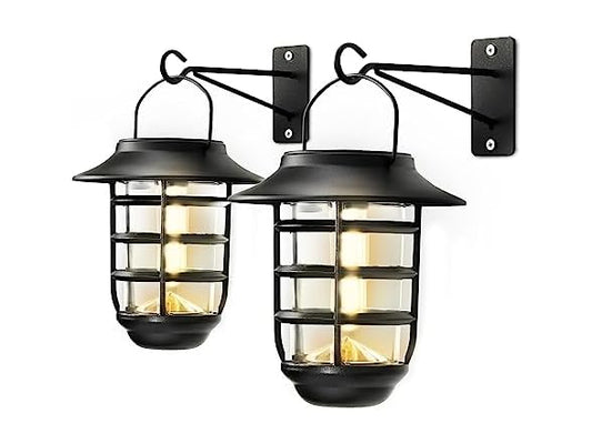Home Zone Security 2-Pack Solar Wall Hanging Lights LiFePO4 Battery 3000K Warm 20lm Up to 12 Hours Dawn Motion Sensor Auto, IP65 Waterproof, No Wiring Required, Aluminum and Glass Construction