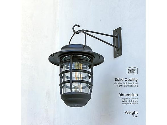 Home Zone Security 2-Pack Solar Wall Hanging Lights LiFePO4 Battery 3000K Warm 20lm Up to 12 Hours Dawn Motion Sensor Auto, IP65 Waterproof, No Wiring Required, Aluminum and Glass Construction